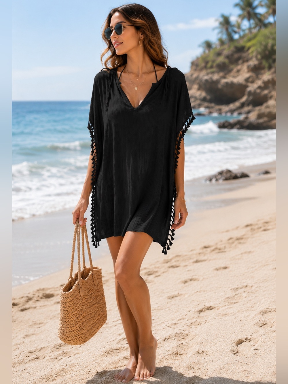 Black Tassel Trim Beach Cover Up Kaftan Swim Cover Up - Picture 3 of 5